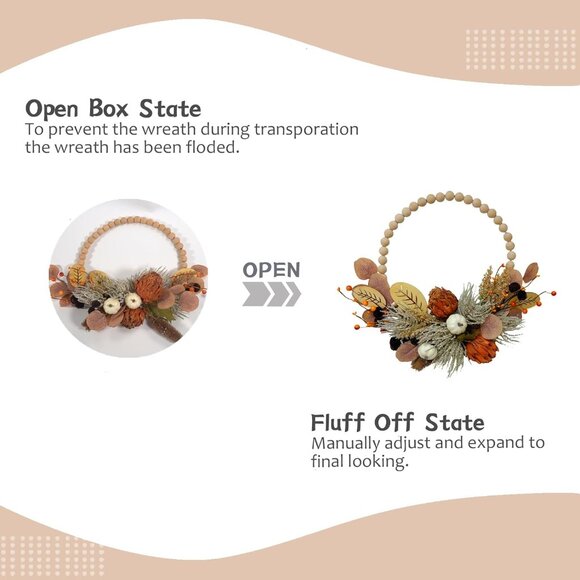 16" Artificial Fall Wooden Beads Wreath with Leaves, Chrysanthemums & Mini Pumpk - Picture 5 of 7